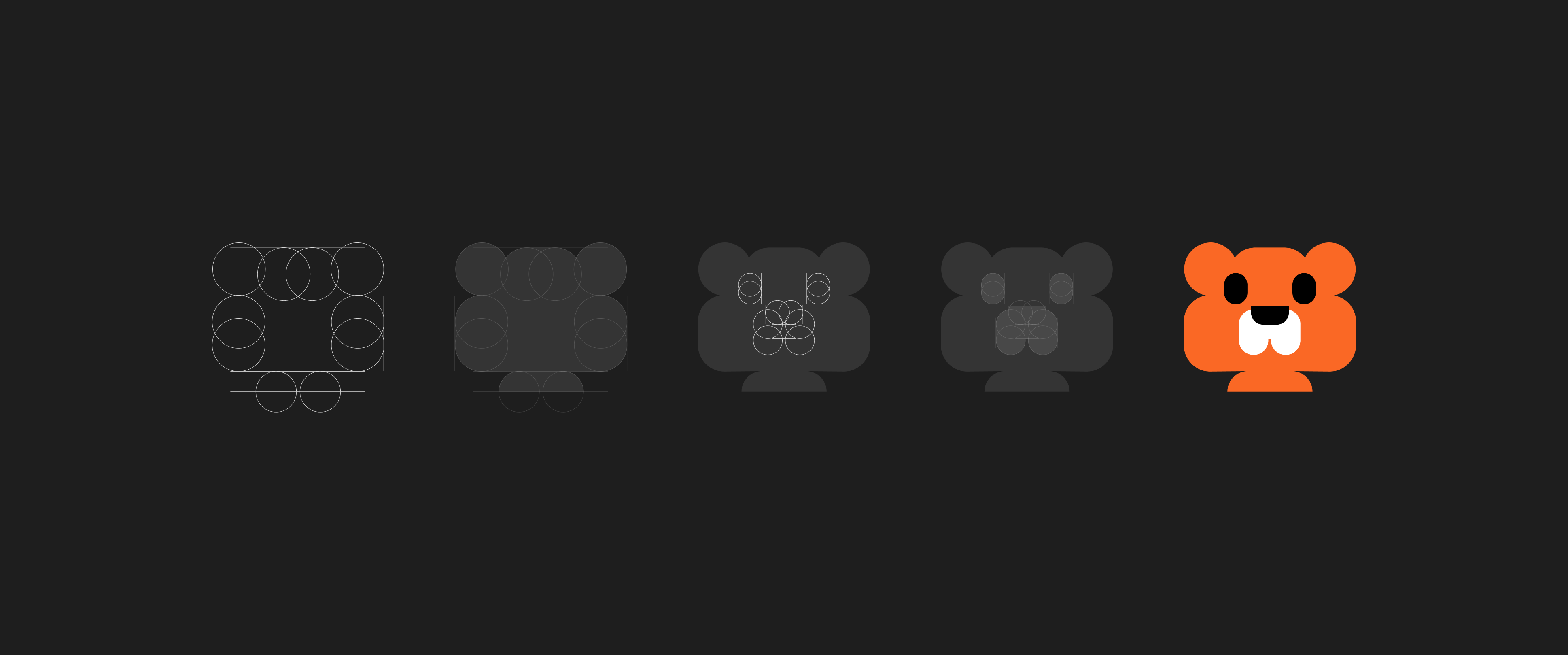 Construction du logo marmott.ai en cinq étapes, des cercles et des droites de construction jusqu'à la mascotte orange terminée