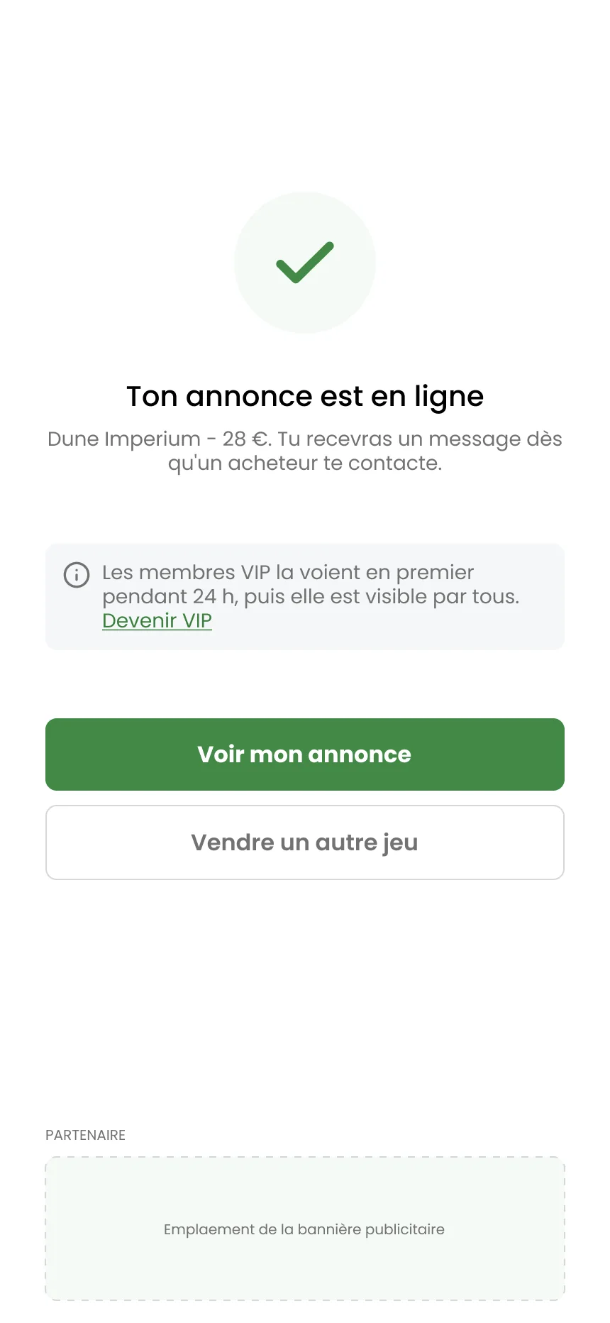Confirmation : annonce en ligne, mention VIP et emplacement publicitaire en bas