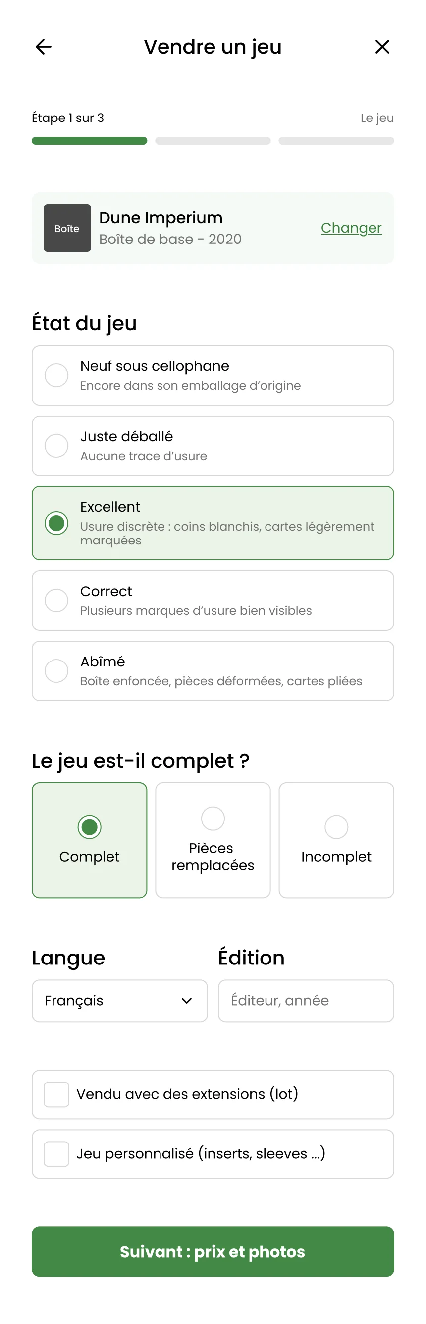 Étape 1, le jeu : état, complétude, langue, édition et options