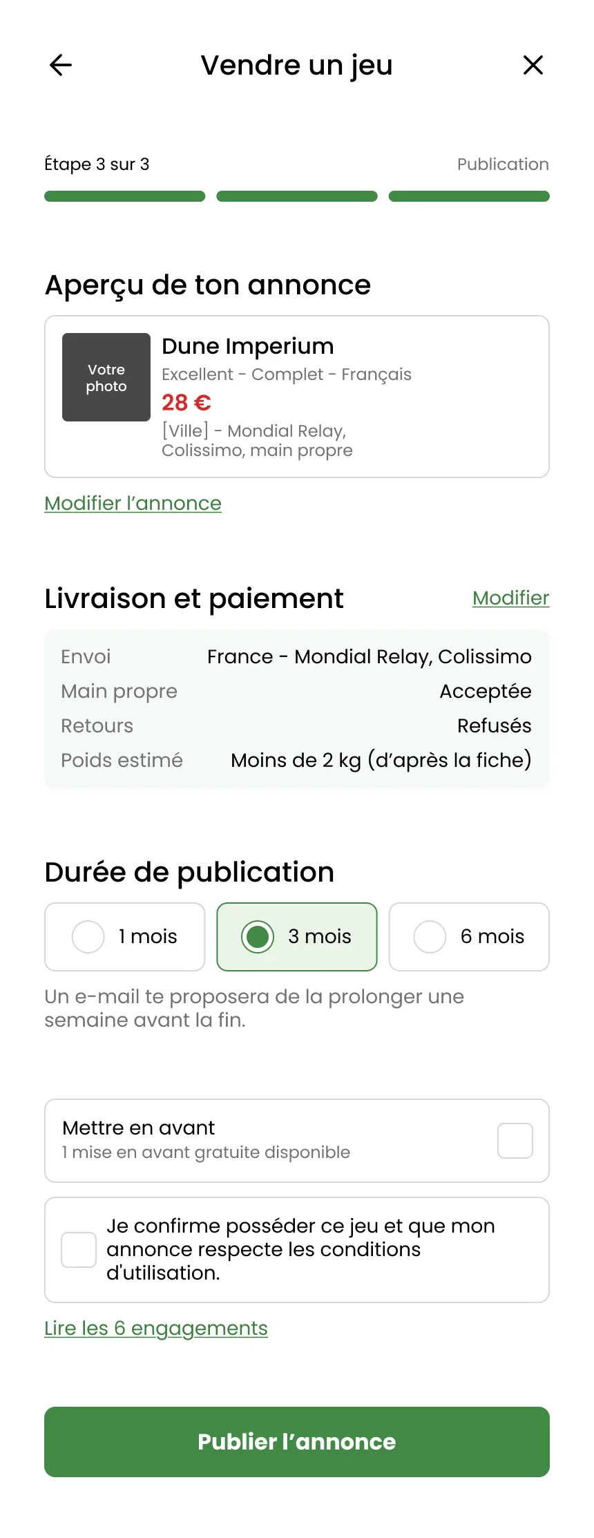Étape 3, publication : aperçu de l'annonce, résumé de la livraison, durée et confirmation