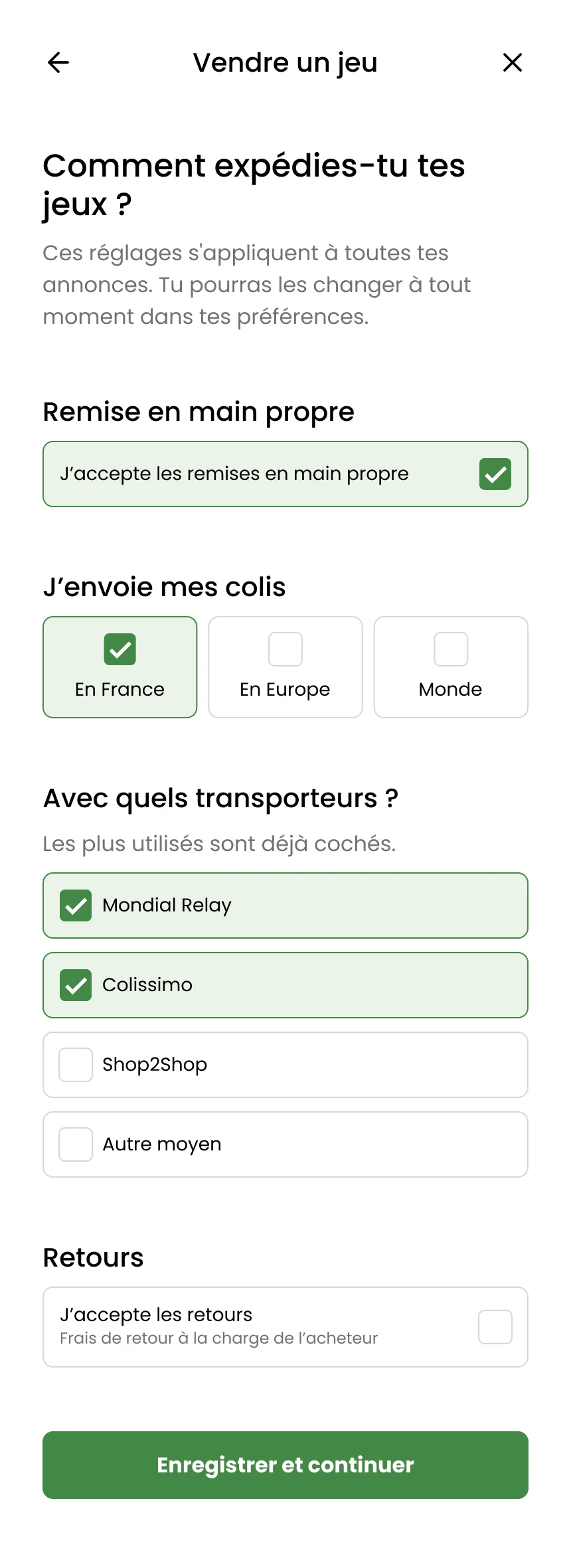 Écran d'expédition : remise en main propre, zones d'envoi, transporteurs précochés et retours