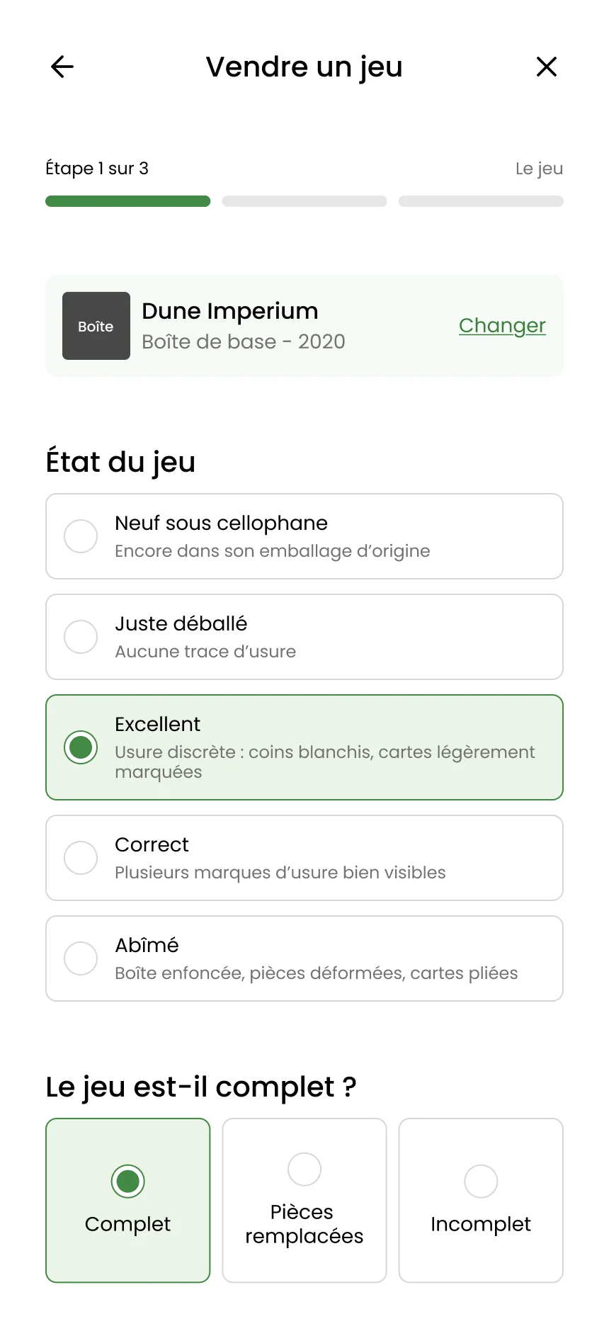 Après : l'étape 1, avec la barre de progression et le choix de l'état dès le premier écran