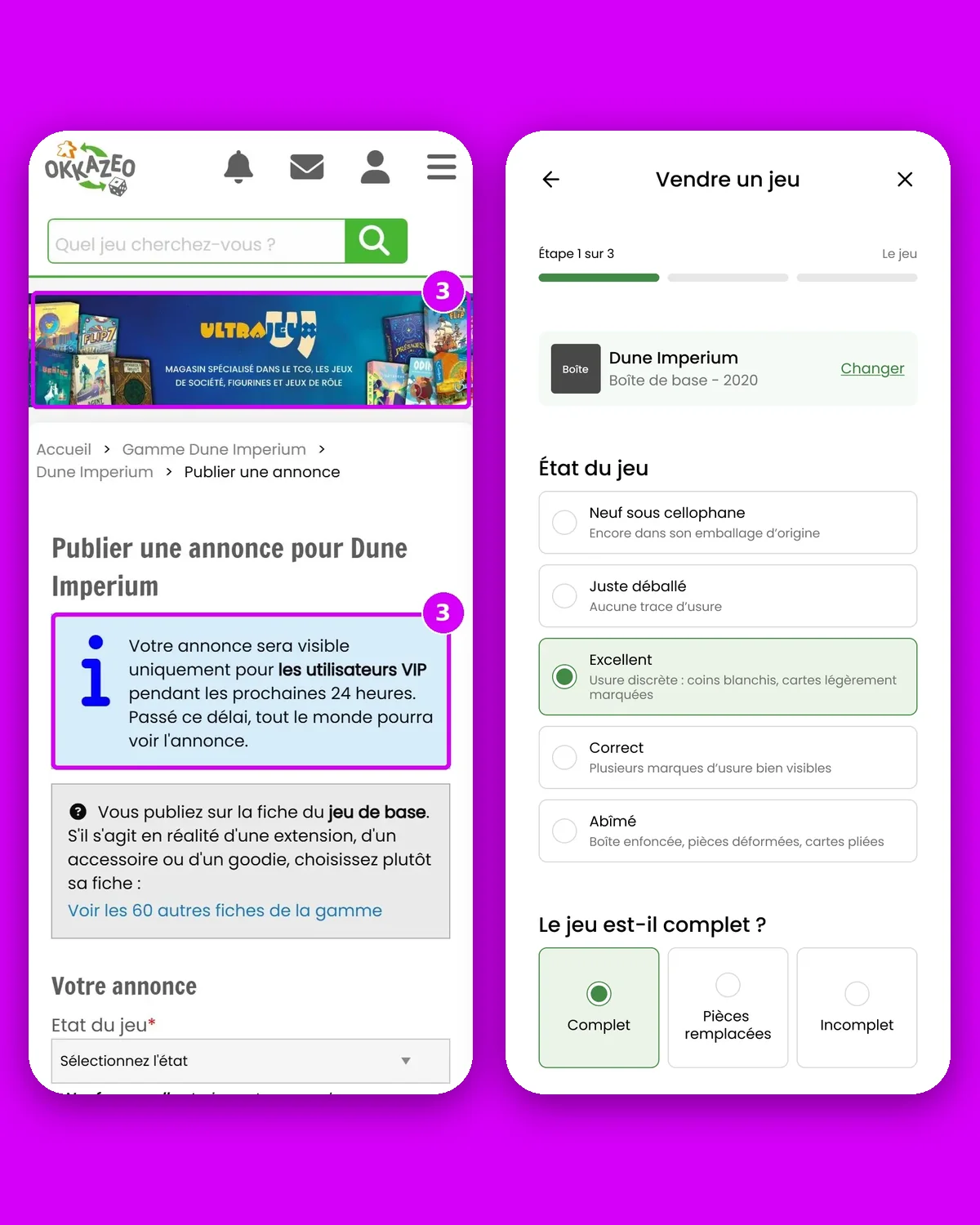 Avant et après : le formulaire de mise en vente d'Okkazeo sur mobile