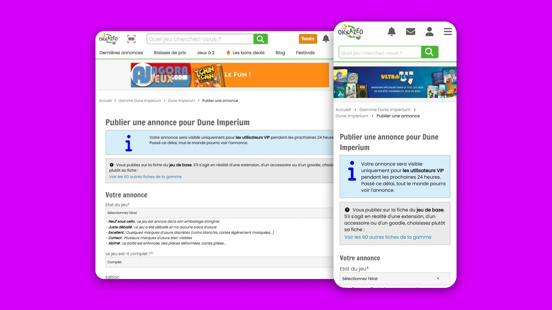 Le formulaire de mise en vente d'Okkazeo, sur ordinateur et sur mobile