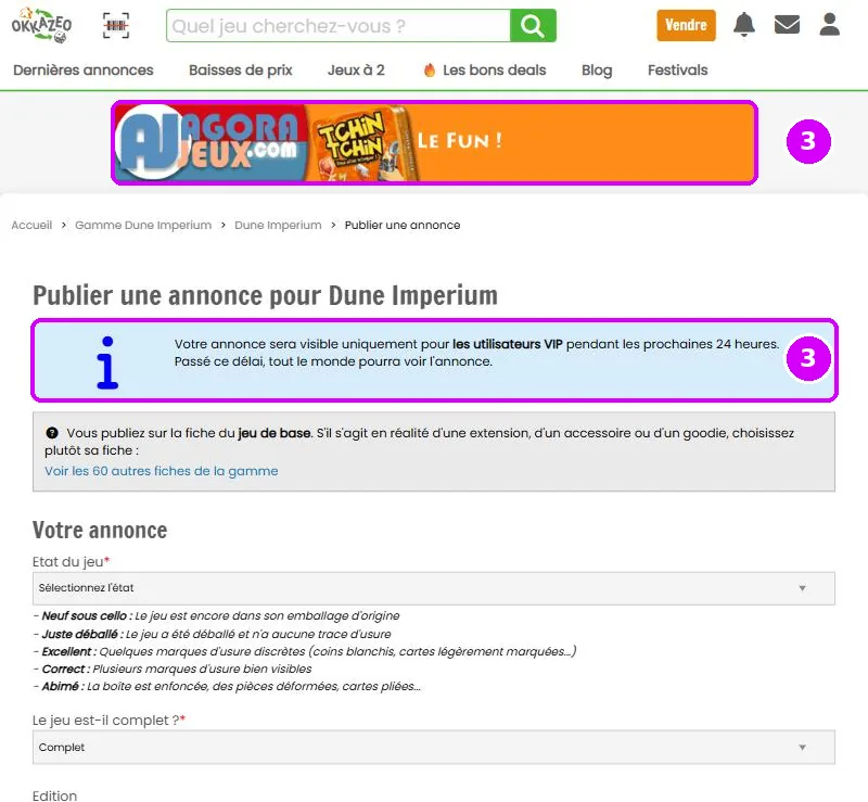 Haut du formulaire sur ordinateur : bannière publicitaire et encadré VIP avant le premier champ