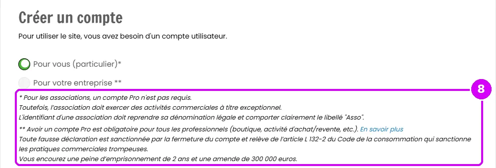 Création de compte : choix particulier ou entreprise, suivi d'un long avertissement juridique en italique