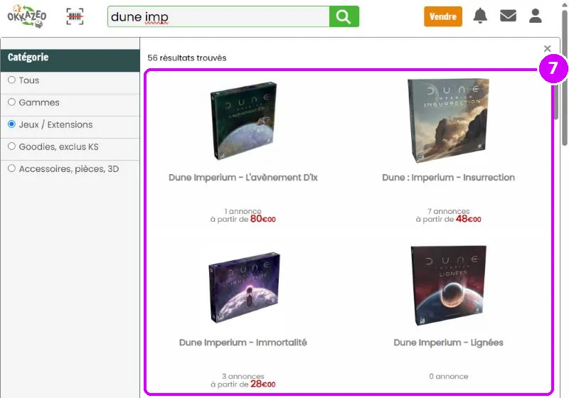 Suggestions de la barre de recherche pour « dune imp » : extensions et éditions, sans le jeu de base